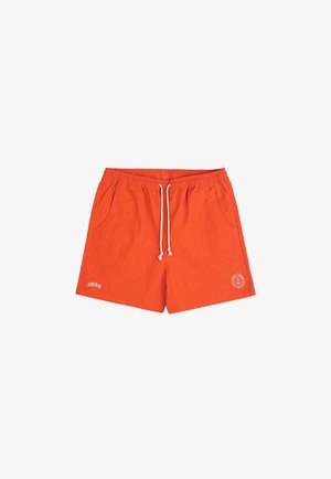 Orangen Badehosen mit elastischem Bund und weißem Kordelzug. Verfügt über zwei Seitentaschen und ein rundes Logo am linken Bein.