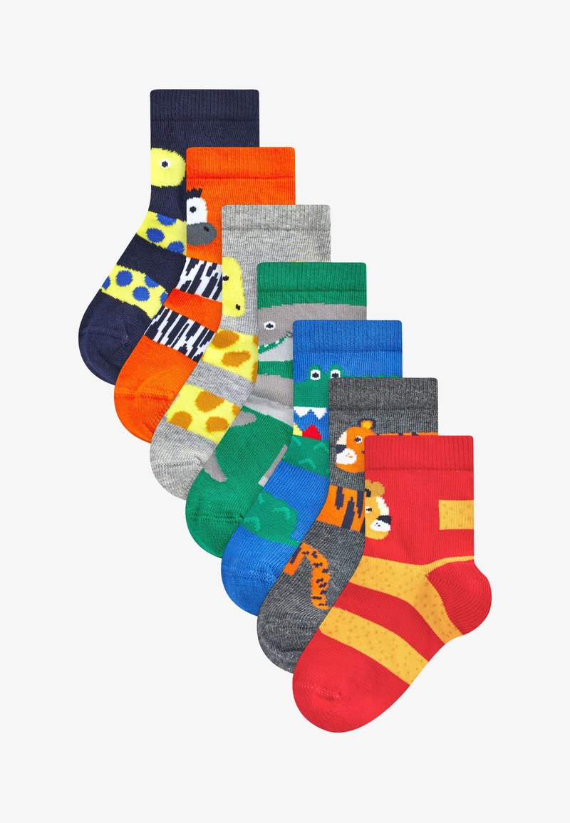 Conjunto de ocho calcetines con patrones de animales coloridos, en diversos colores que incluyen azul, naranja, verde y gris, con diferentes texturas y diseños.