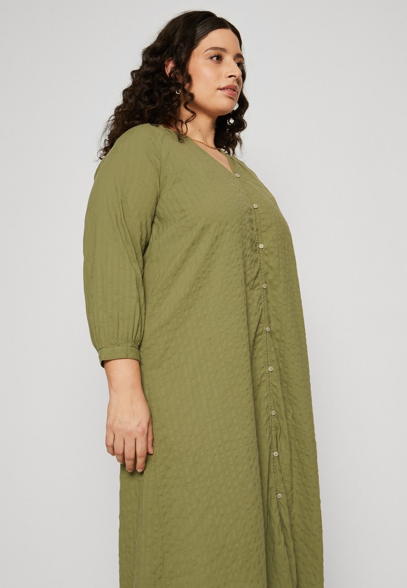 open lace back dress Women's Plus Size Donnie Drawstring Shirt Dress - Olive