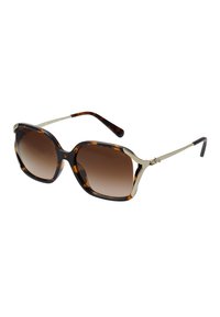 Occhiali da sole oversize con montatura in tartaruga, dettagli dorati, lenti brown sfumate e un design geometrico unico.