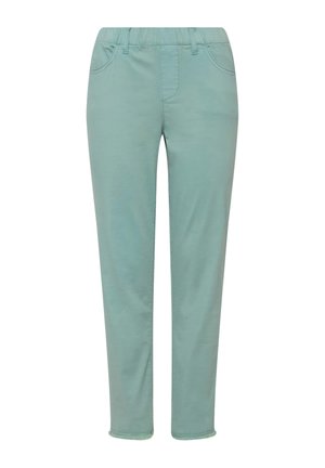 Lysblå, strækbare bomuldsbukser med en tætsiddende pasform, forlommer og elastisk talje. Glat tekstur og lige ben.