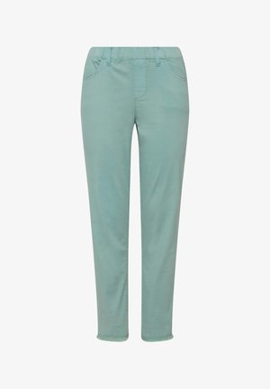 Pantaloni in cotone stretch azzurro chiaro, dal design aderente, con tasche frontali e vita elasticizzata. Texture liscia e taglio dritto.