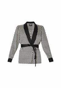 Černobílá dlouhý rukáv halenka s kostkovaným vzorem, černým límcem, manžetami a pásem v pase, zdobená geometrickým vzorem.