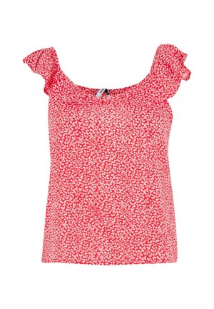 Top sin mangas de flores rojas con cortas mangas rizadas, escote redondeado y una tela ligera con un patrón de pequeñas flores blancas.
