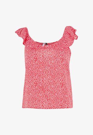 Top sin mangas de flores rojas con cortas mangas rizadas, escote redondeado y una tela ligera con un patrón de pequeñas flores blancas.