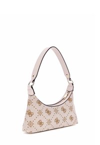 Borsa a tracolla marrone e bianca con design curvo, caratterizzata da un motivo con logo distintivo, tracolla in texture liscia e dettagli in hardware color oro.