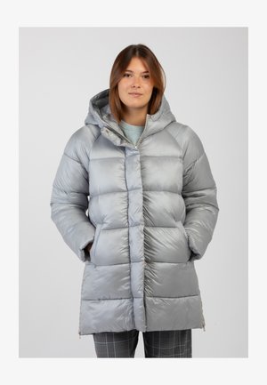 Giubbotto imbottito grigio con cappuccio, caratterizzato da un design trapuntato, tasche laterali e dettagli in metallo dorato. Tessuto liscio e lucido.