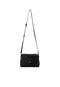 Borsa a spalla nera trapuntata in pelle, caratterizzata da un design diagonale, tracolla regolabile e un logo teschio prominente come accentuazione.