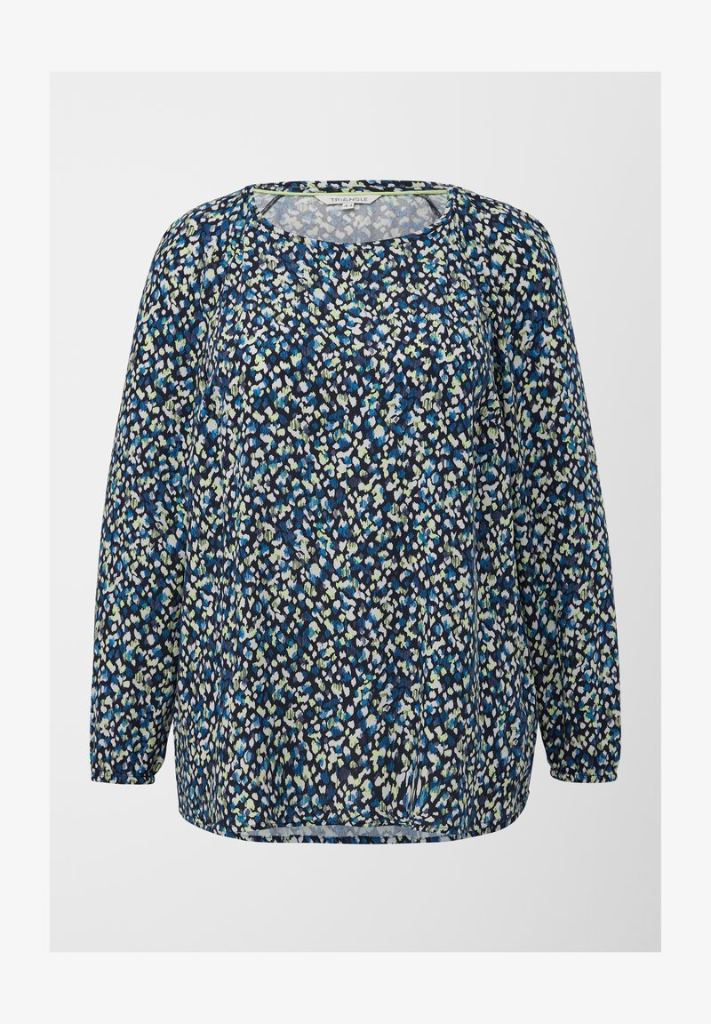 Blusa a maniche lunghe con scollatura a barco, caratterizzata da un motivo floreale in blu, verde e bianco su uno sfondo blu navy. Tessuto morbido, vestibilità rilassata.