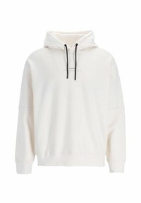Witte hoodie van zachte stof, met een logo-print aan de voorkant, een trekkoordkap met zwarte accenten en een relaxte pasvorm met ribgebreide boorden.