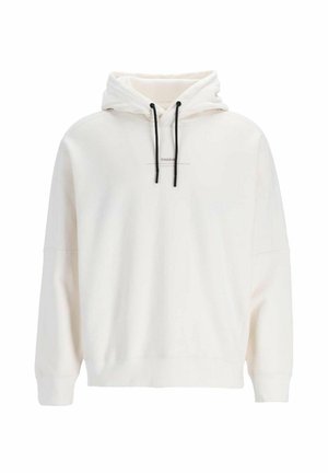 White hoodie made of soft fabric, featuring a front logo print, drawstring hood with black accents, and relaxed fit with ribbed cuffs.