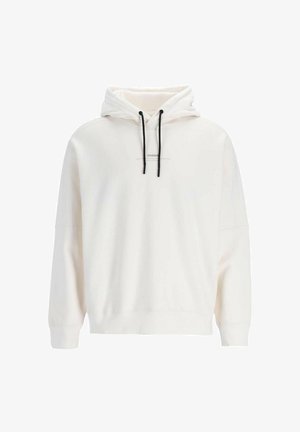 Sudadera blanca de tejido suave, con un estampado de logo en la parte frontal, capucha con cordón y acentos en negro, y corte relajado con puños acanalados.