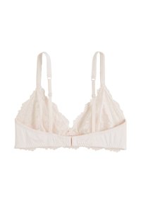 Bralette en dentelle rose clair, de forme triangulaire, avec des bretelles ajustables et une bordure à volants. Dispose d'une fermeture à crochet et œillet à l'arrière.