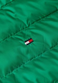 Grüner gestepptes Gewebe mit diagonaler Naht und einem kleinen gestickten Logo, das rot, weiß und blaue horizontale Streifen zeigt.