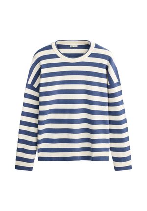Džemper od pletenine dugih rukava s plavim i bijelim vodoravnim prugama i okruglim izrezom, prikazan na bijeloj pozadini.