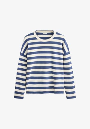 Pulover tricotat cu mâneci lungi cu dungi orizontale albastre și albe și decolteu rotund, afișat pe un fundal alb.