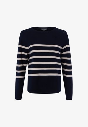 Marineblauer Pullover mit langen Ärmeln und weißen horizontalen Streifen über Brust und Ärmeln, Rundhalsausschnitt und geradem Saum.