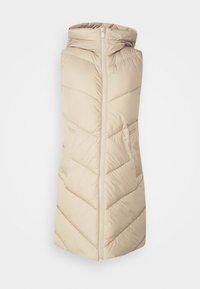 Beige, wattierte ärmellose Weste mit Kapuze, die ein diagonales Chevron-Steppmuster und einen Frontreißverschluss aufweist. Zwei seitliche Taschen sind enthalten.