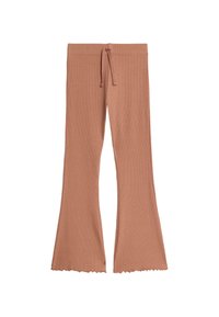 Světlé hnědé široké riby s elastickým pasem, které mají vroubkovaný lem na koncích a hladkou texturu po celé ploše.