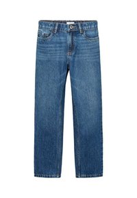 Denimjeans i medelblått med rak passform, fem fickor och midjeband med bältesögon, med subtil blekning och tonad sömnad.