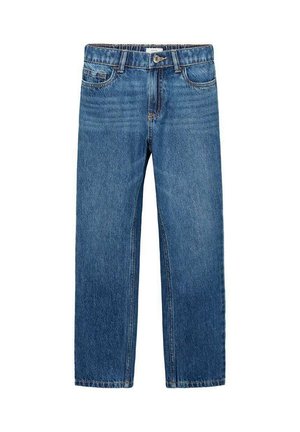 Denim jeans in medium blue met een rechte pasvorm, vijf zakken en een tailleband met riemlussen, met subtiele vervaging en ton-sur-ton stiksels.