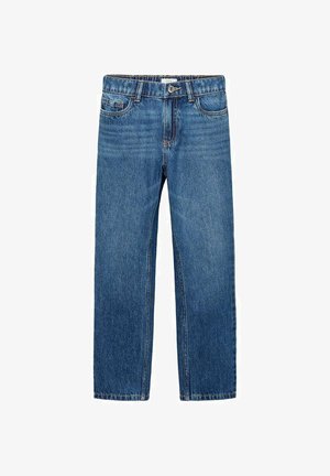 Jeans din denim de culoare albastră medie, cu croi drept, cinci buzunare și talie cu șnur pentru curea, având o ușoară decolorare și cusuturi tonale.