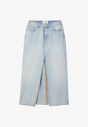 Gonna in denim azzurro chiaro con spacco frontale, presenta una vita alta, cinque tasche e una chiusura con bottoni. Design classico e silhouette dritta.