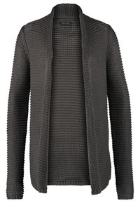 Cardigan gris foncé à ouverture avant, en maille épaisse avec texture tricotée, manches longues, fabriqué dans un mélange de cachemire à texture similaire au coton.