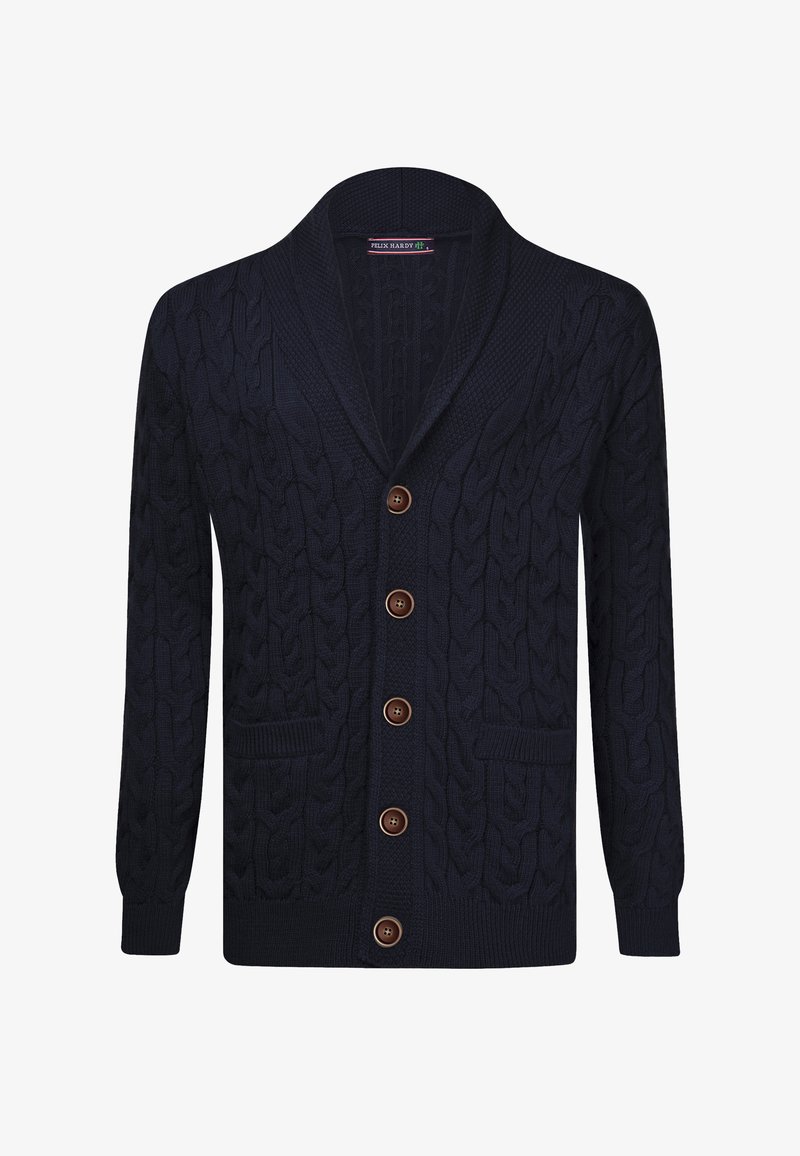 Marineblauwe kabelgebreide cardigan met sjawlnek, vijf bruine knopen, twee voorzakken en geribbelde manchetten en zoom.