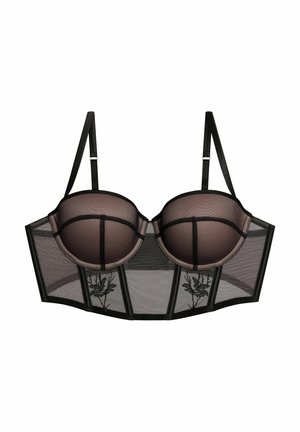 Underwired bra with sheer black mesh fabric, soft pink cups, black trim, and floral embroidery on front. Adjustable straps and structured design.