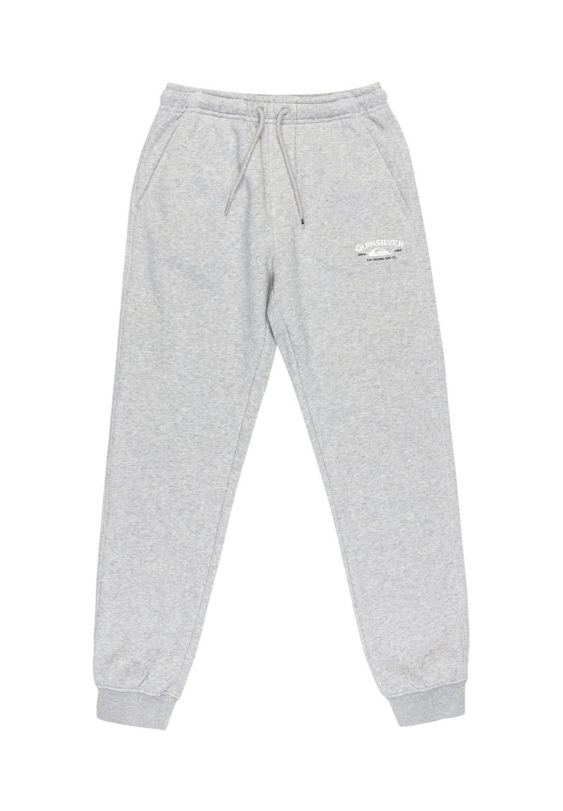 Grijze trainingsbroek van zacht materiaal, met een elastische tailleband met trekkoord, blootgestelde enkels en een klein wit logo-detail.