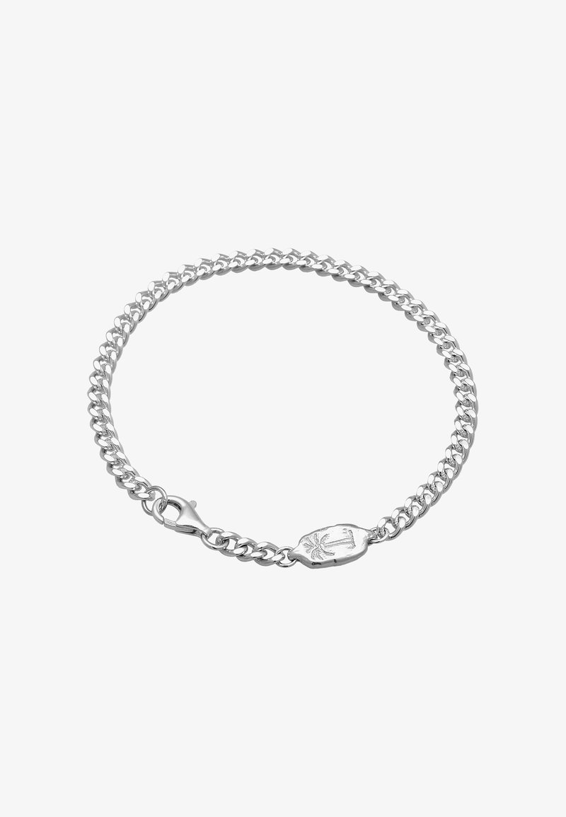 Hõbedane ketigaeumine käevõru, millel on omavahel seotud lingid, vähklukuga ja dekoratiivne talisman, millel on graveeritud muster. Sile metalline viimistlus.