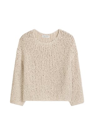 Pull en maille épaisse beige avec encolure ronde et manches longues, présentant un motif ajouré.