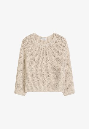 Pull en maille épaisse beige avec encolure ronde et manches longues, présentant un motif ajouré.