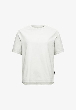 Maglietta bianca semplice in cotone a maniche corte, con collo tondo, orlo dritto e una piccola etichetta nera con logo sulla cucitura laterale inferiore.