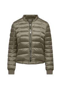 Giacca bomber imbottita in verde oliva, con chiusura a zip, polsini a coste e un design cropped con cuciture orizzontali.