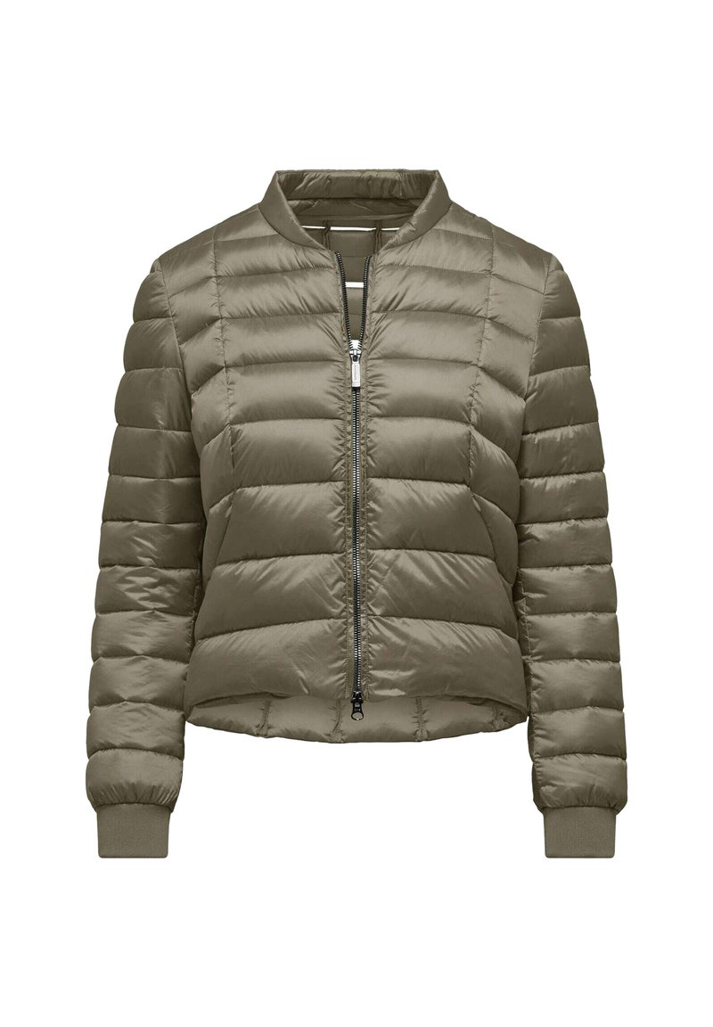 Giacca bomber imbottita in verde oliva, con chiusura a zip, polsini a coste e un design cropped con cuciture orizzontali.