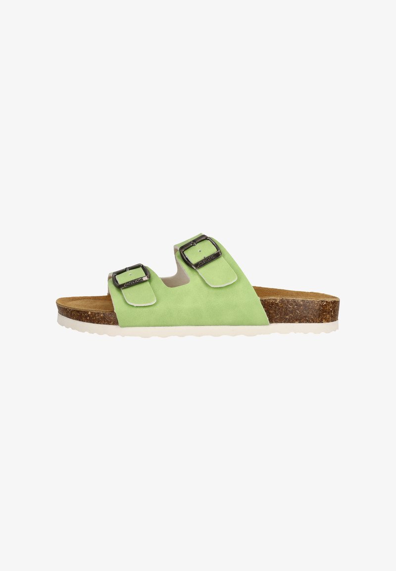 Grüne Wildledersandalen mit zwei verstellbaren Schnallen, einer Korkzwischensohle und einer weißen Gummisohle. Glatte Textur mit minimalen Designelementen.