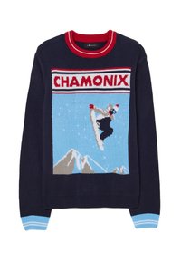 Marineblauer Pullover mit einem "Chamonix"-Motiv, das eine Snowboard-Figur, Berge und einen blauen Hintergrund zeigt. Akzente in Rot und Hellblau.
