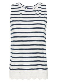 Top bianco senza maniche con righe orizzontali blu navy e orlo in pizzo scallop. Realizzato in un tessuto leggero con una vestibilità comoda.
