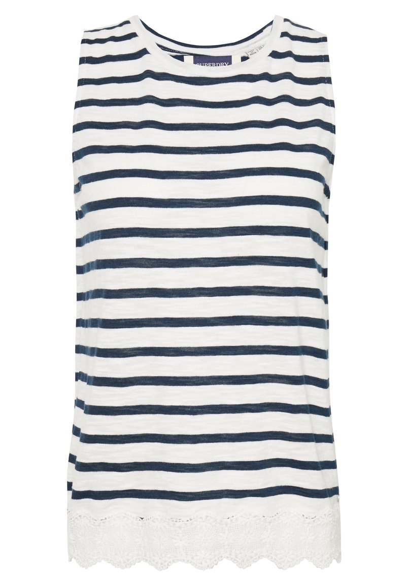 Ärmlös vit topp med marint vertikalt randmönster och en scallop-lace nederkant. Tillverkad av ett lättviktigt tyg med en bekväm passform.