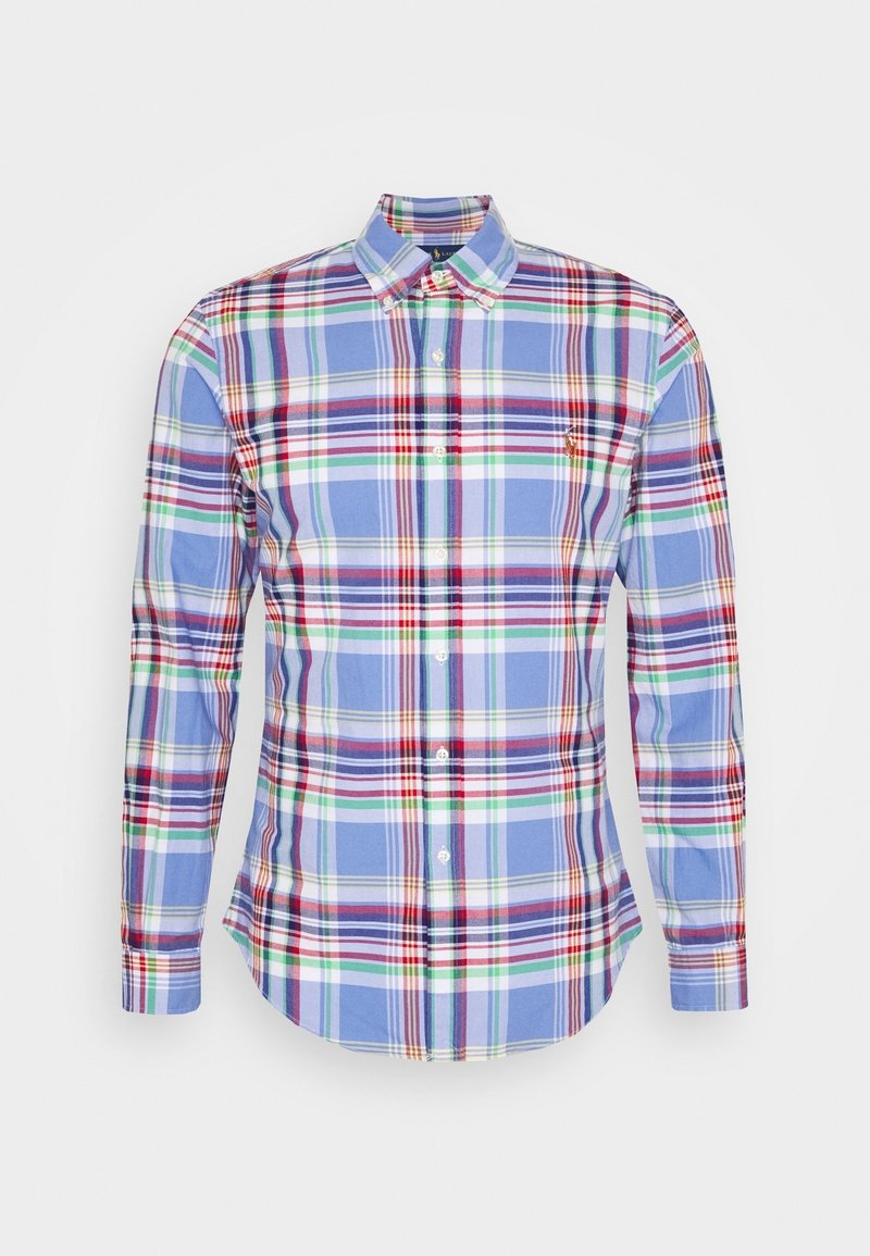 Camicia a maniche lunghe con bottoni, caratterizzata da un motivo a quadri blu con accenti rossi, verdi e bianchi. Realizzata in cotone, con un design di colletto classico.
