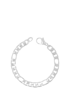 Silbernes Kettenarmband mit dicken, flachen ineinandergreifenden Gliedern und einem Karabinerverschluss auf weißem Hintergrund.