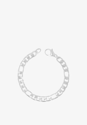 Silbernes Kettenarmband mit dicken, flachen ineinandergreifenden Gliedern und einem Karabinerverschluss auf weißem Hintergrund.