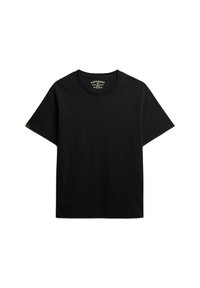 Sort bomulds T-shirt med rund halsudskæring, korte ærmer og et subtilt logo på brystet. Glat tekstur og normal pasform.