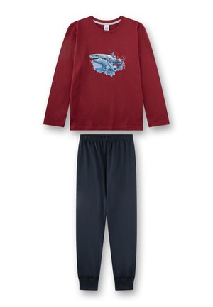 Langärmeliges, dunkelrotes Oberteil mit Haifisch-Grafik und Schriftzug, kombiniert mit marineblauen Jogginghosen mit elastischem Bund.