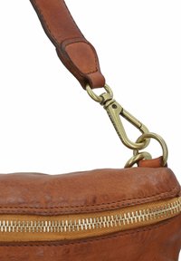 Tracolla in pelle marrone con hardware in ottone, caratterizzata da un dettaglio con zip e una texture morbida, che mette in risalto una forma arrotondata e bordi cuciti.