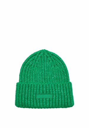 Bright green knitted beanie with a folded cuff featuring a rectangular label with the brand name "Joules" embossed.