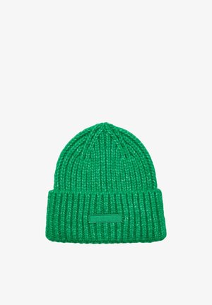 Bright green knitted beanie with a folded cuff featuring a rectangular label with the brand name "Joules" embossed.