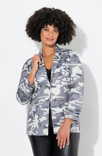 Blazer stampato camouflage in tonalità grigie e bianche. Caratterizzato da un colletto a punte, maniche lunghe e una vestibilità comoda. Il tessuto è liscio e leggero.